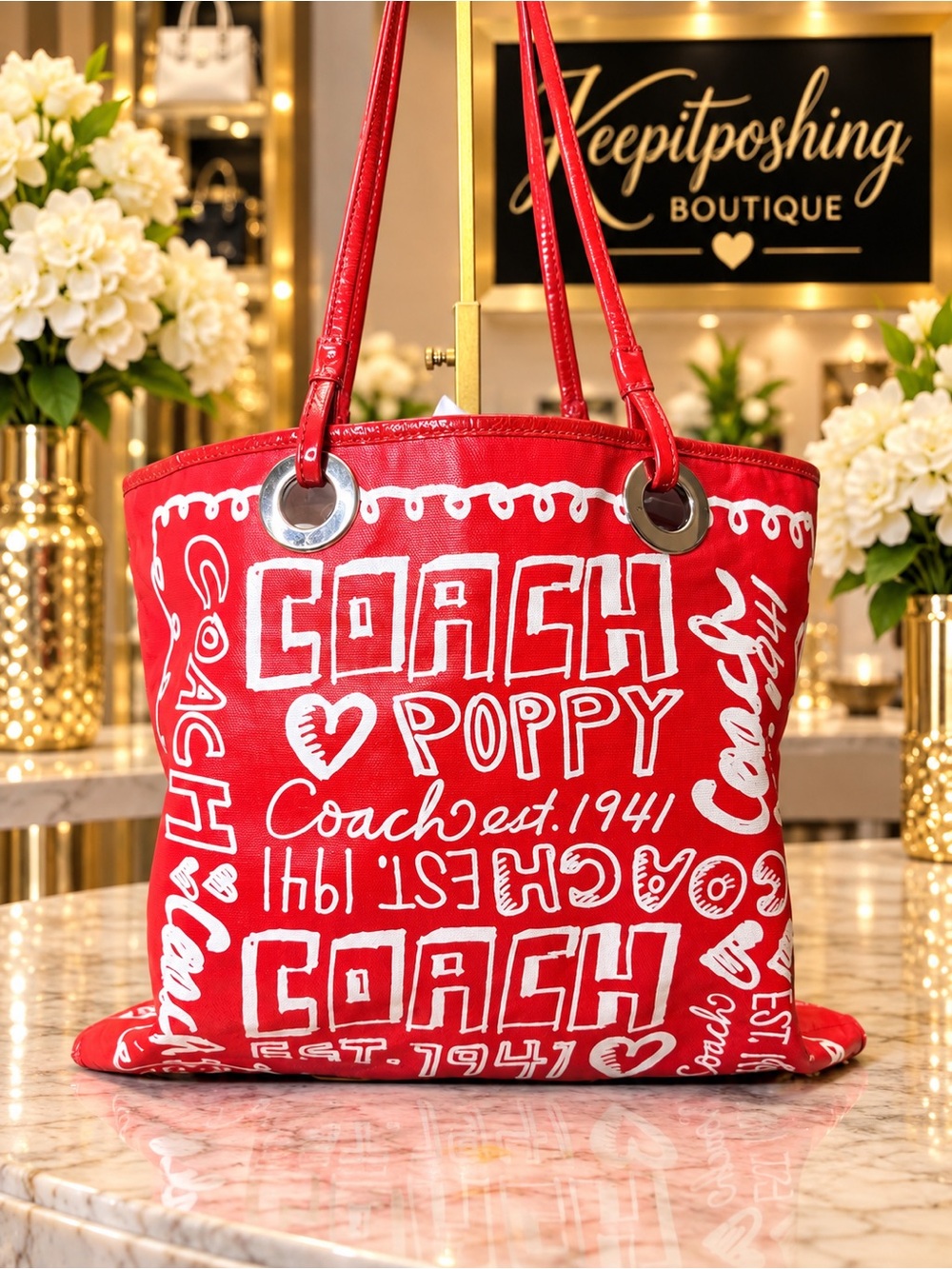 Coach Red Poppy Logo Canvas Tote